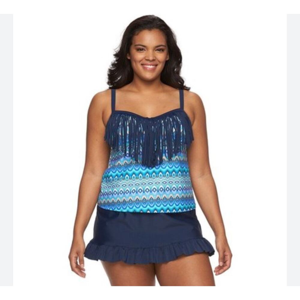 Costa Del Sol fringed plus-size tankini top blue and green patterned Sz. 3X